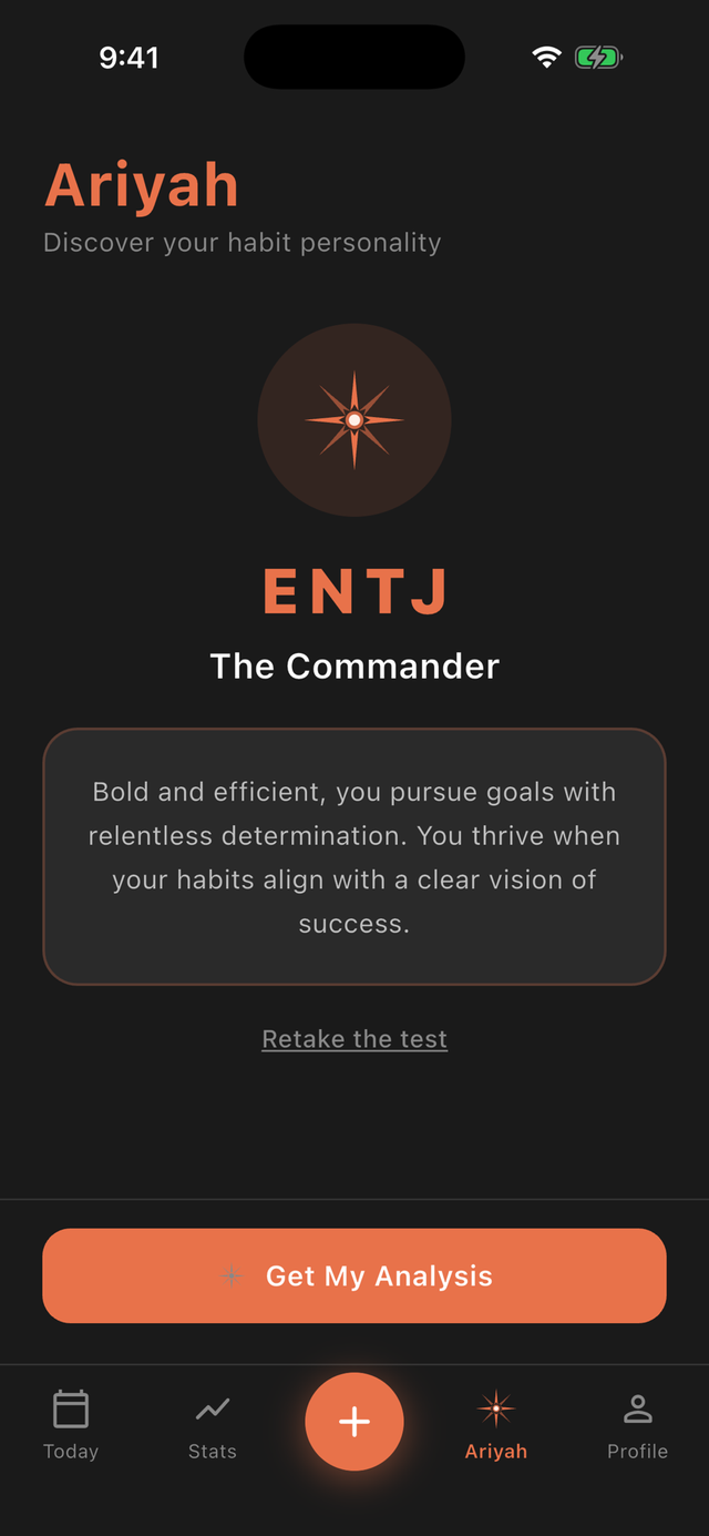 Udisah's Ariyah screen showing an ENTJ habit personality result, The Commander, with a Get My Analysis button.